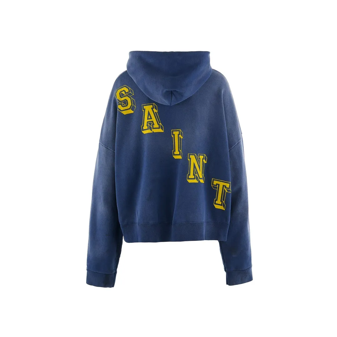 SAINT M×××××× ANGEL HOODIE/NAVY Angel Reborn Blue Hoodie Washed Blue S-XL Assute Garment Dyeing Full Clothes Water Fading Mud Dyeing Dirty Distress New Vintage Ceiling God Tailoring Original Super Loose Fit Customized Original Accessories God-level Print Restoration
